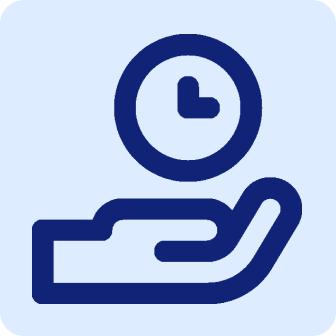 Blue icon of an outline of a hand holding a clock 