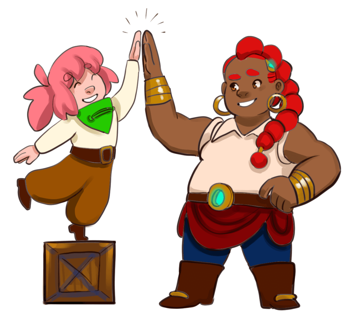 Cartoon image of a girl with pink hair standing on a crate high fiving a woman with a long red braid.