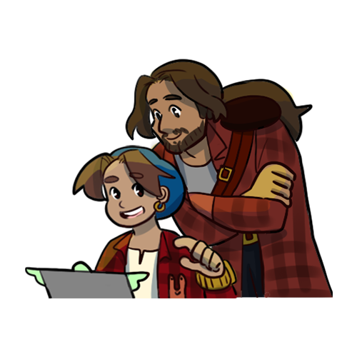 Cartoon of a young person with a blue beanie and an older man in a plaid shirt looking at a laptop screen together.