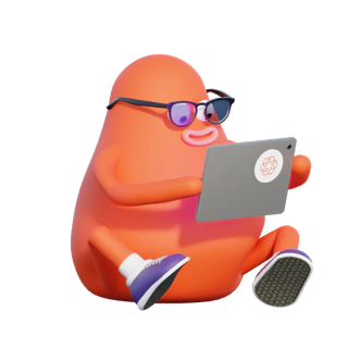 A friendly orange character with glasses, reading a tablet.