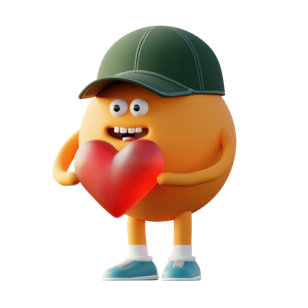 A friendly yellow character with a green baseball cap and blue shoes, holding a large red heart.