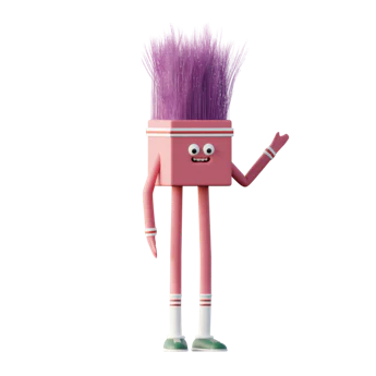A friendly, tall, pink character with sports sweat bands, pulled-up white socks, and tall purple hair.