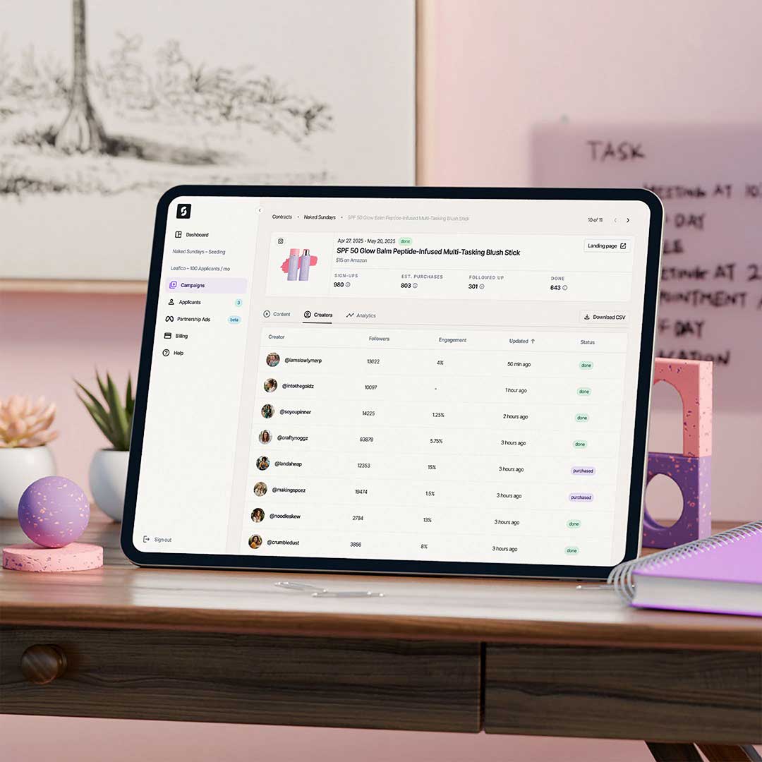An image of a tablet with a branded app dashboard on screen, in a pastel colour scene and colourful shapes on a desk.