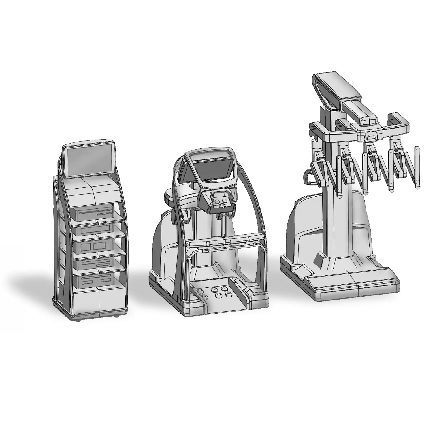 Medical device concept development drawings by Speck Design for the MicroPort surgical robotics platform, featuring console, vision cart, and patient cart