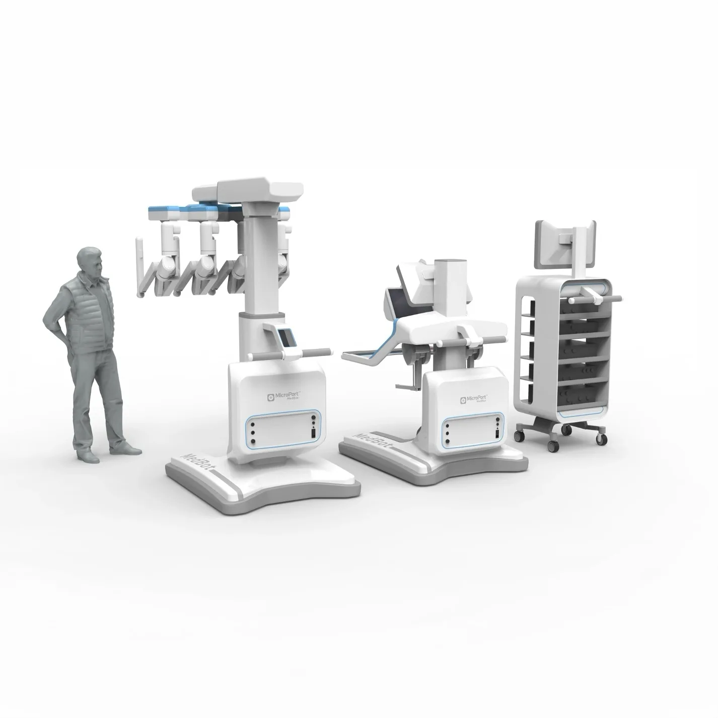 Surgical robotics product design concept by Speck Design illustrating a unified medical device system with ergonomic console and modular support cart