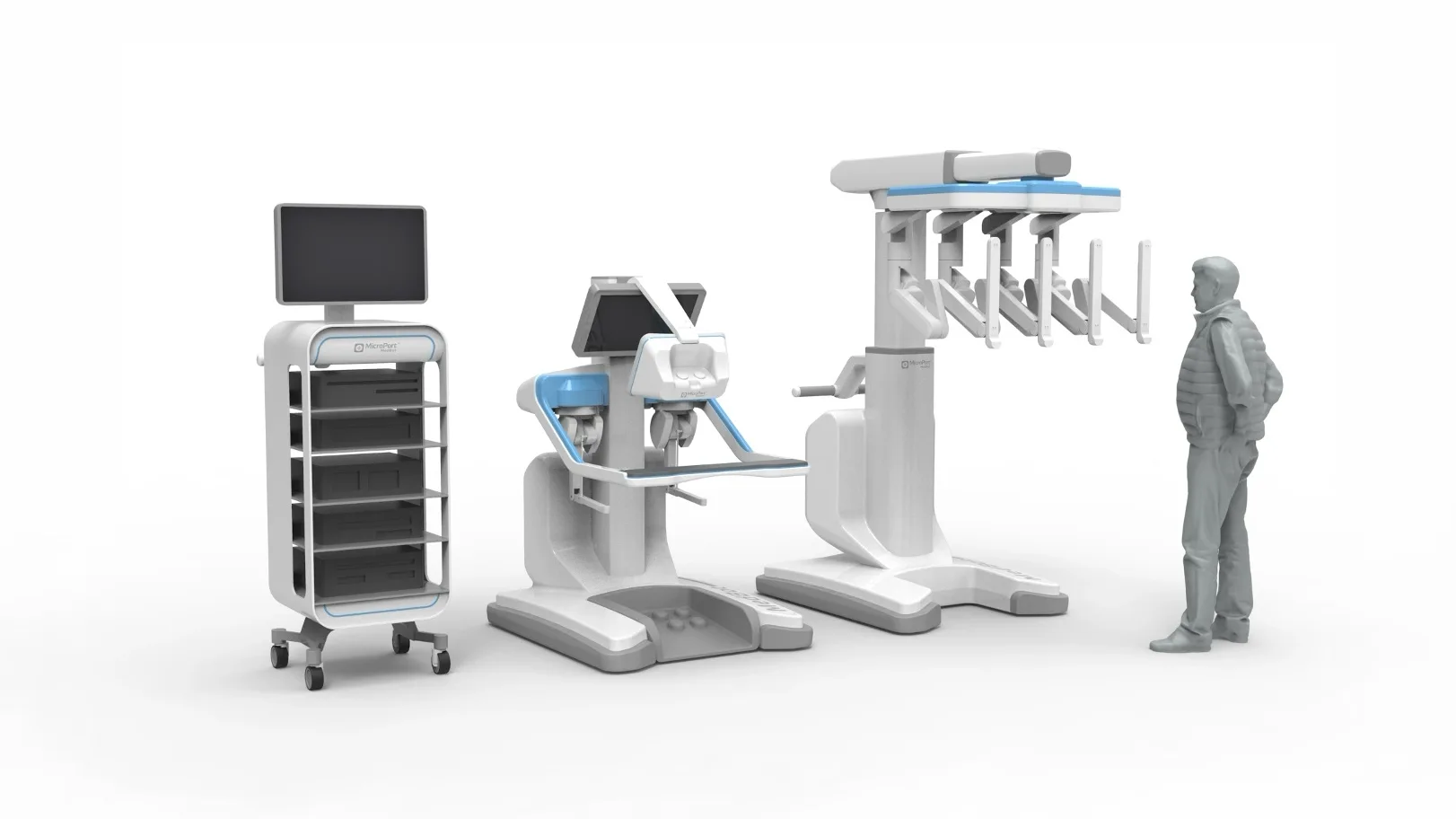 Medical device industrial design concept rendering by Speck Design showing integrated surgical cart, console cart, and vision cart for robotic surgery