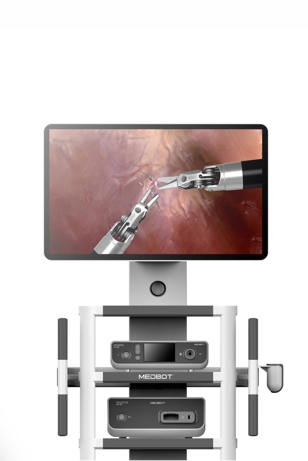 Medical equipment design rendering of the MicroPort Toumai vision cart by Speck Design for advanced robotic surgery systems