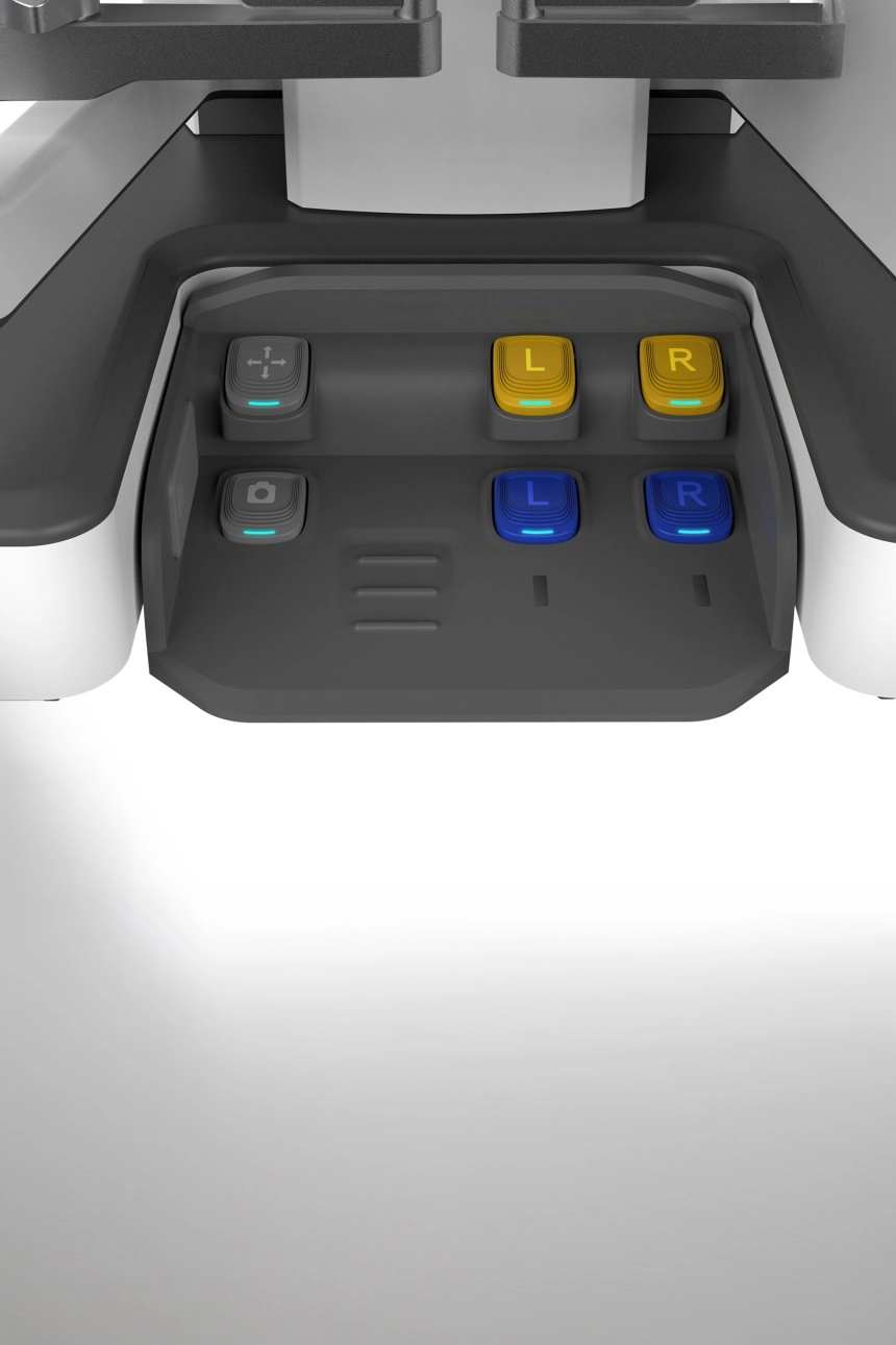 Medical device industrial design concept for MicroPort Toumai surgical console by Speck Design, highlighting ergonomic operator controls