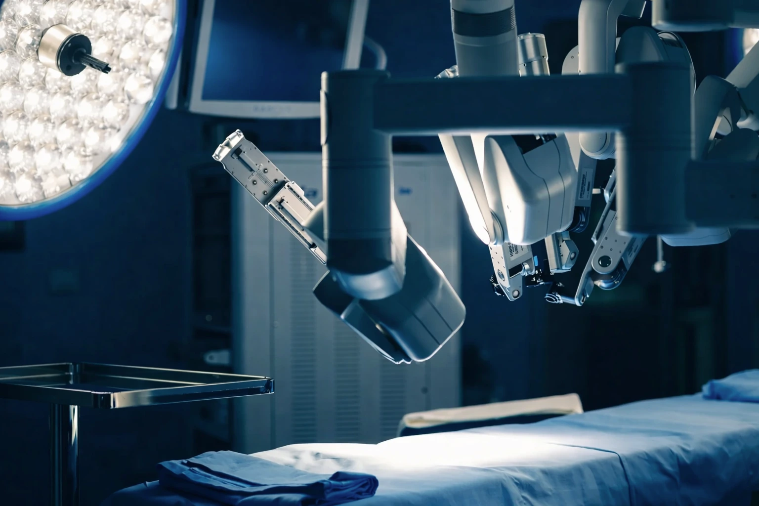 Medical device design image of robotic surgical arms in an operating room, highlighting advanced surgical robotics and clinical product design