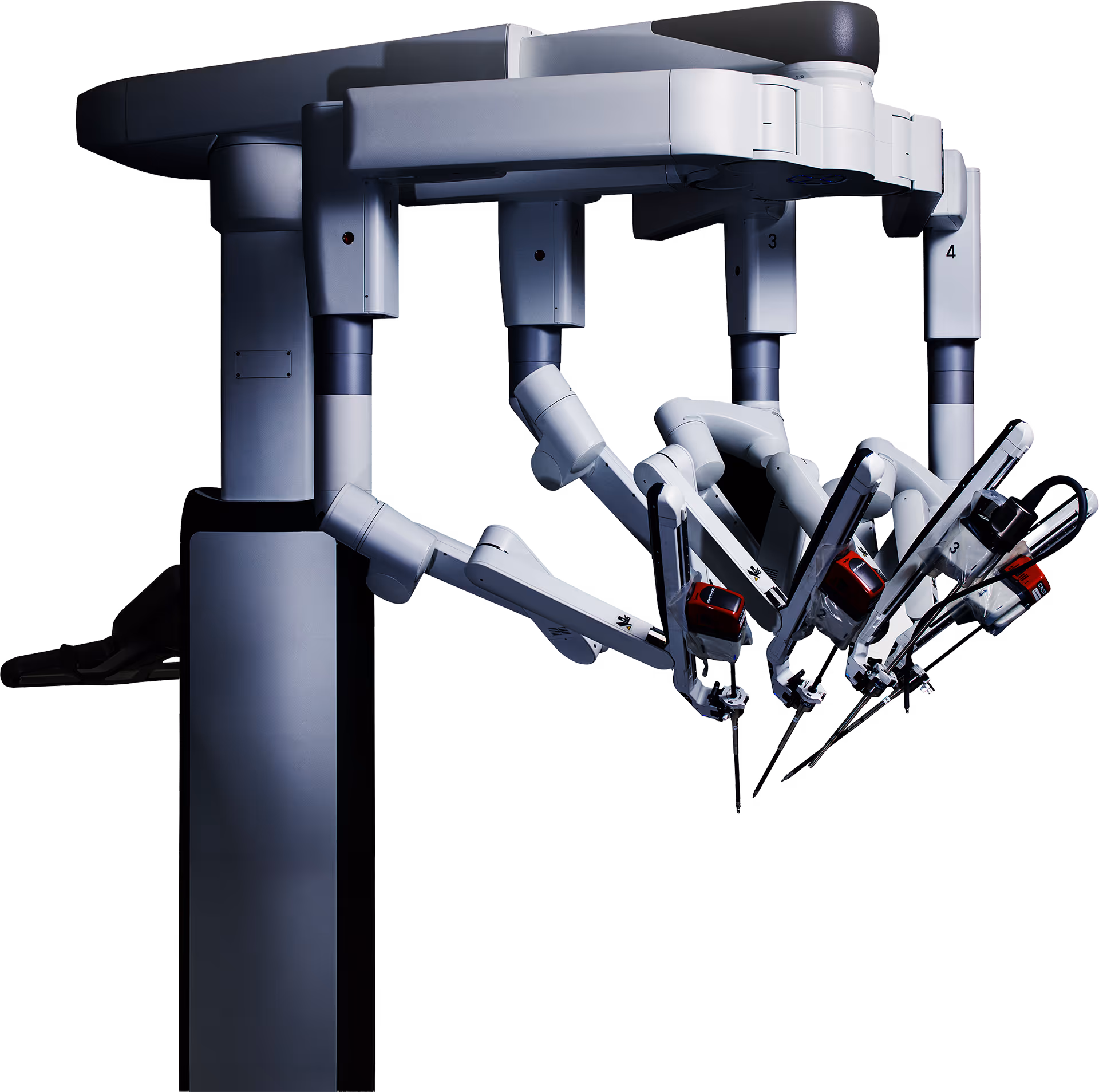 Medical product design by Speck Design showing the full MicroPort Toumai surgical robotics system, including patient cart, vision cart, and surgeon console