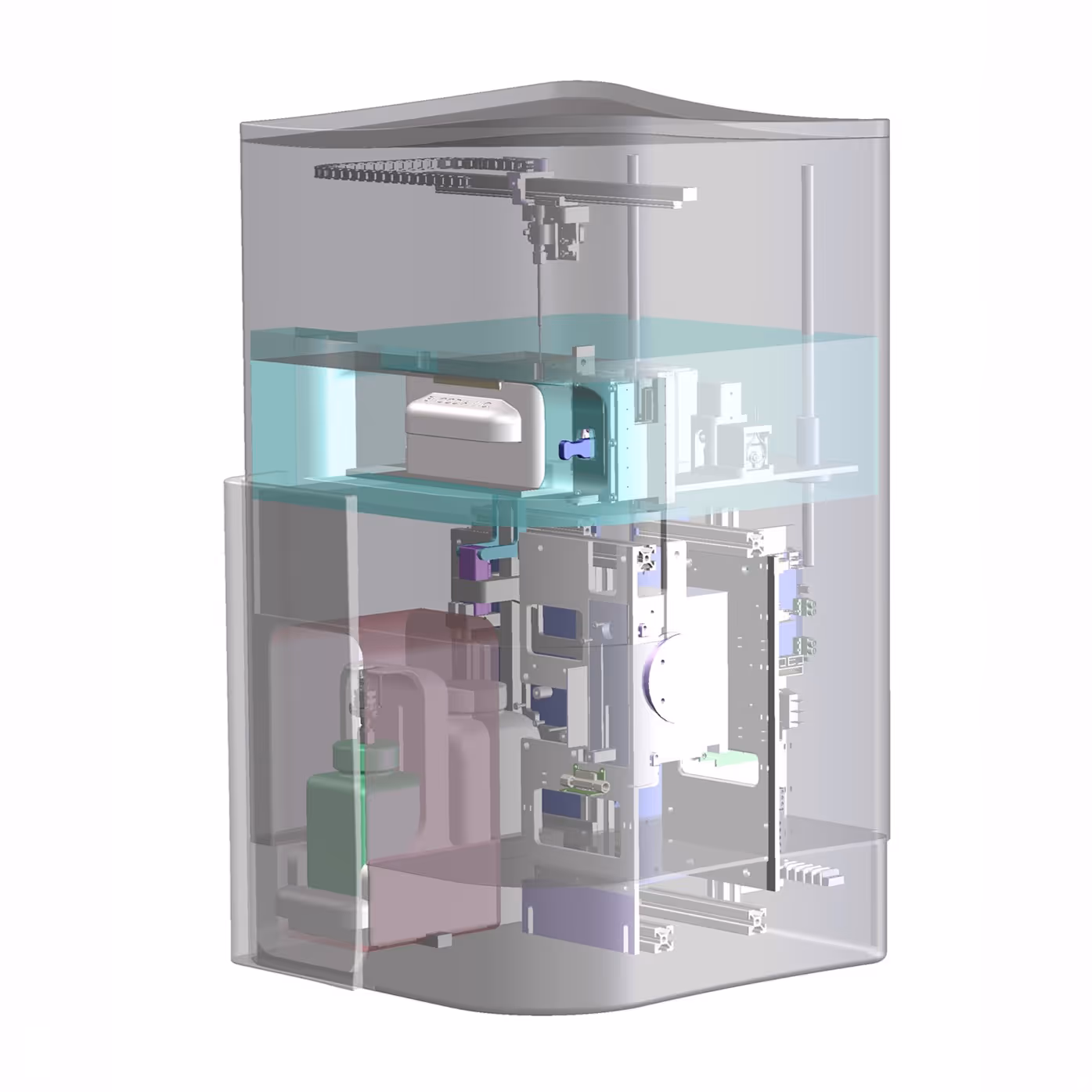Mechanical CAD assembly of the Encodia protein analysis instrument showing internal components and system architecture.