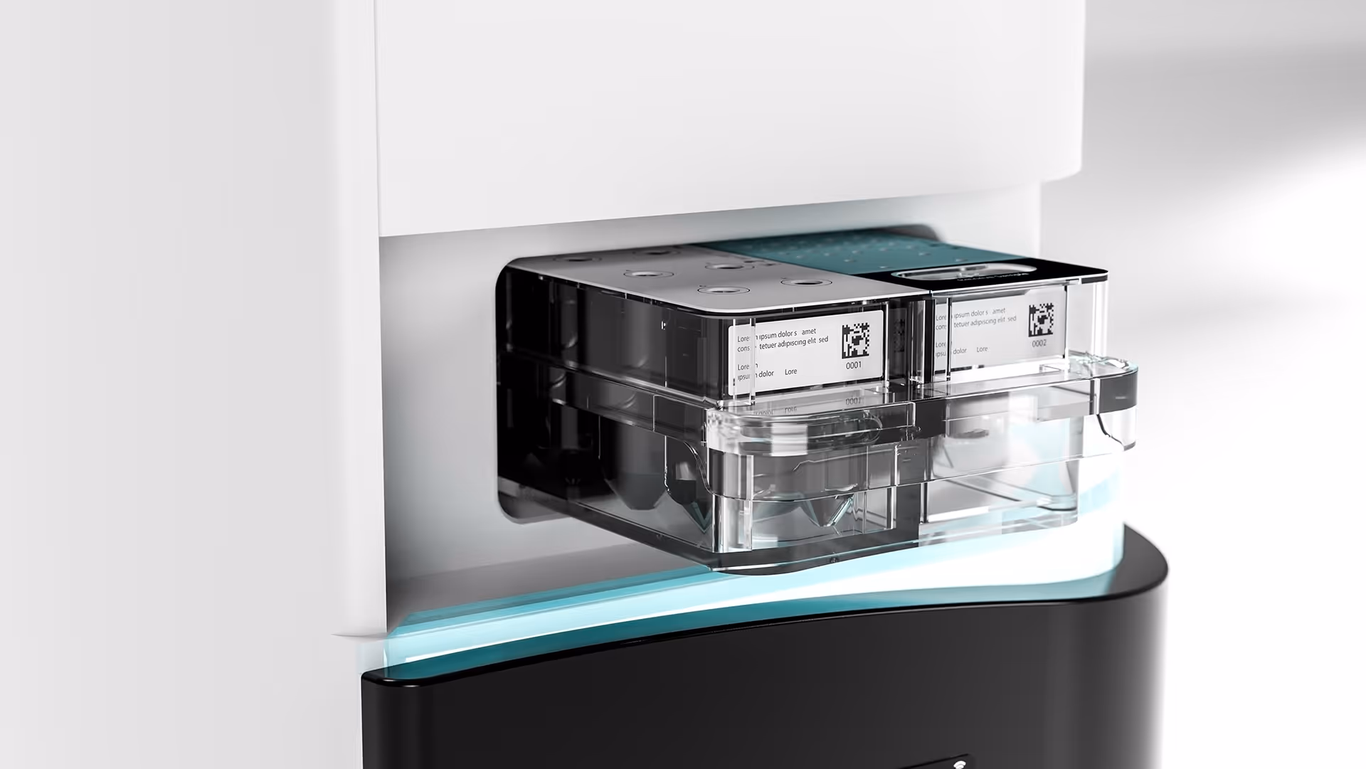 Encodia cartridge interaction concept showing reagent cartridge placement in the protein analysis instrument.