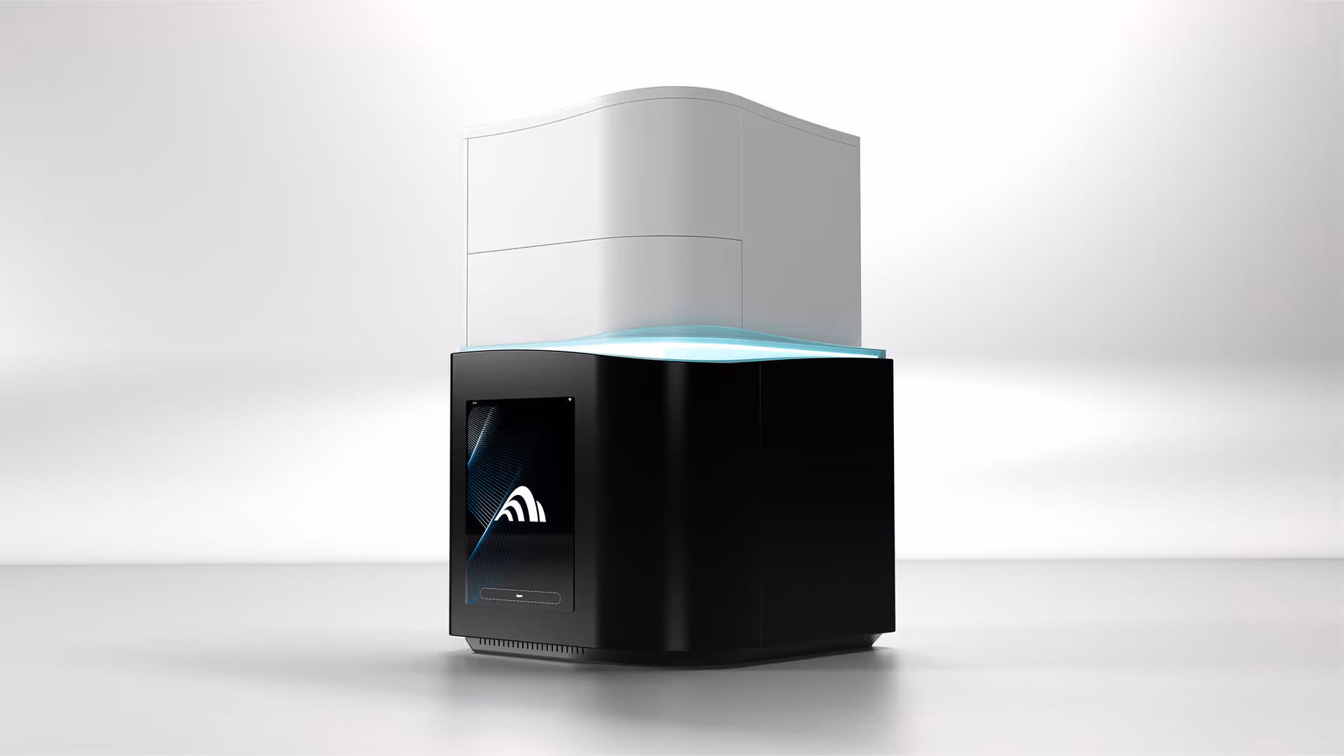 Industrial design render of the Encodia protein analysis system showing the instrument form and GUI integration.