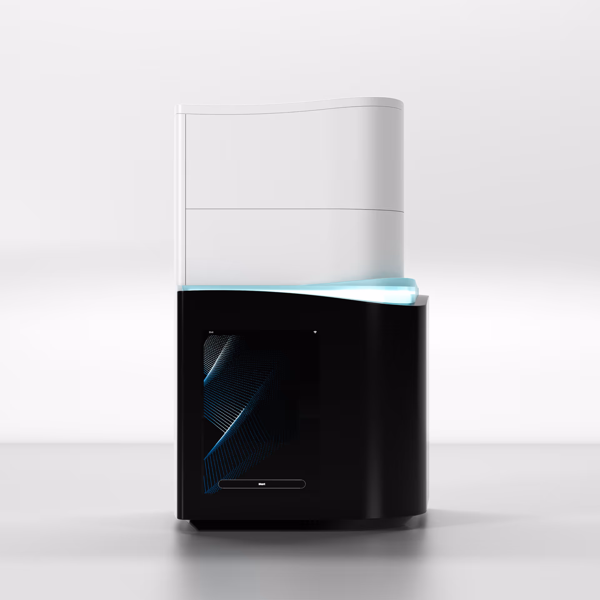 Encodia life science instrument concept with integrated display, cartridge access, and illuminated status feature.