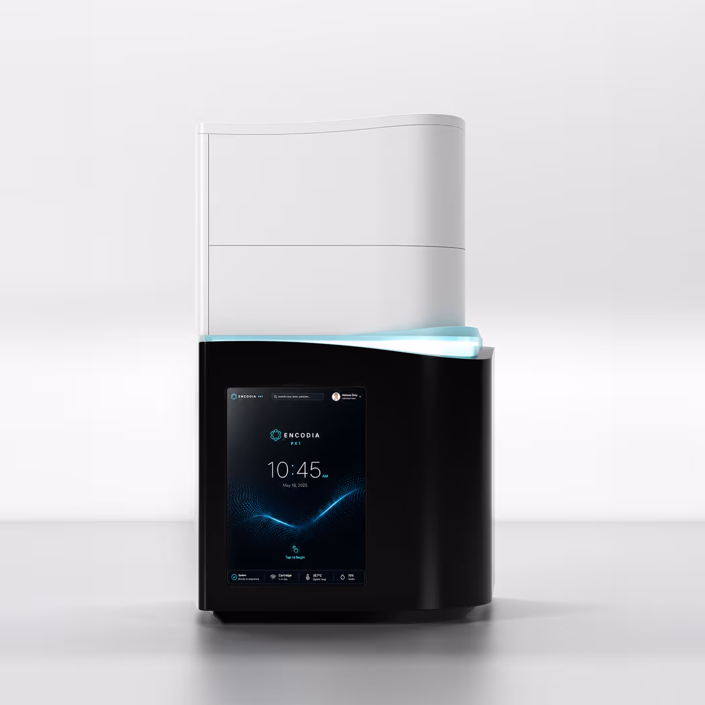 Encodia PX1 scientific device with touchscreen showing time and app interface.