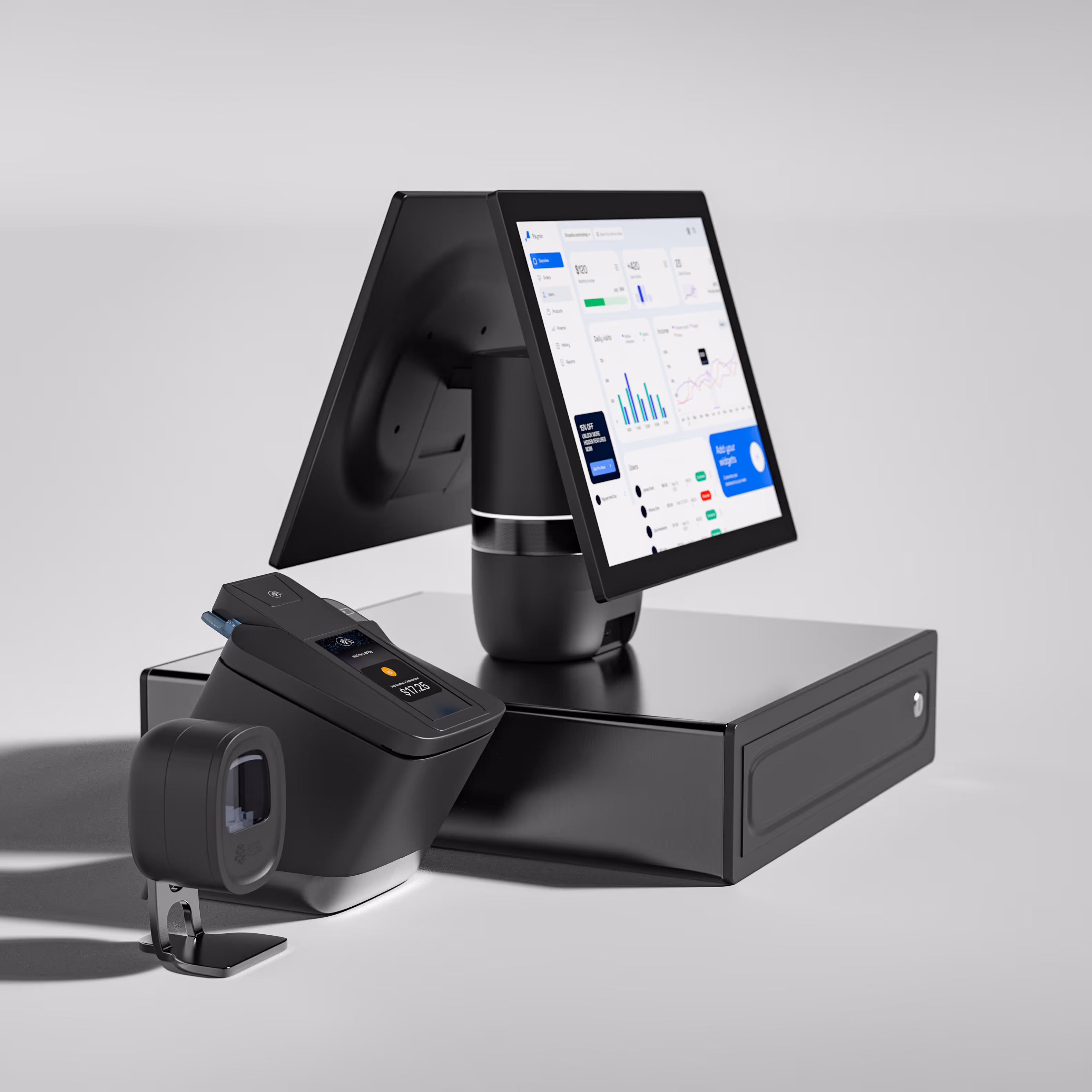 Black point-of-sale system with touchscreen, card reader, barcode scanner, and cash drawer on white background.
