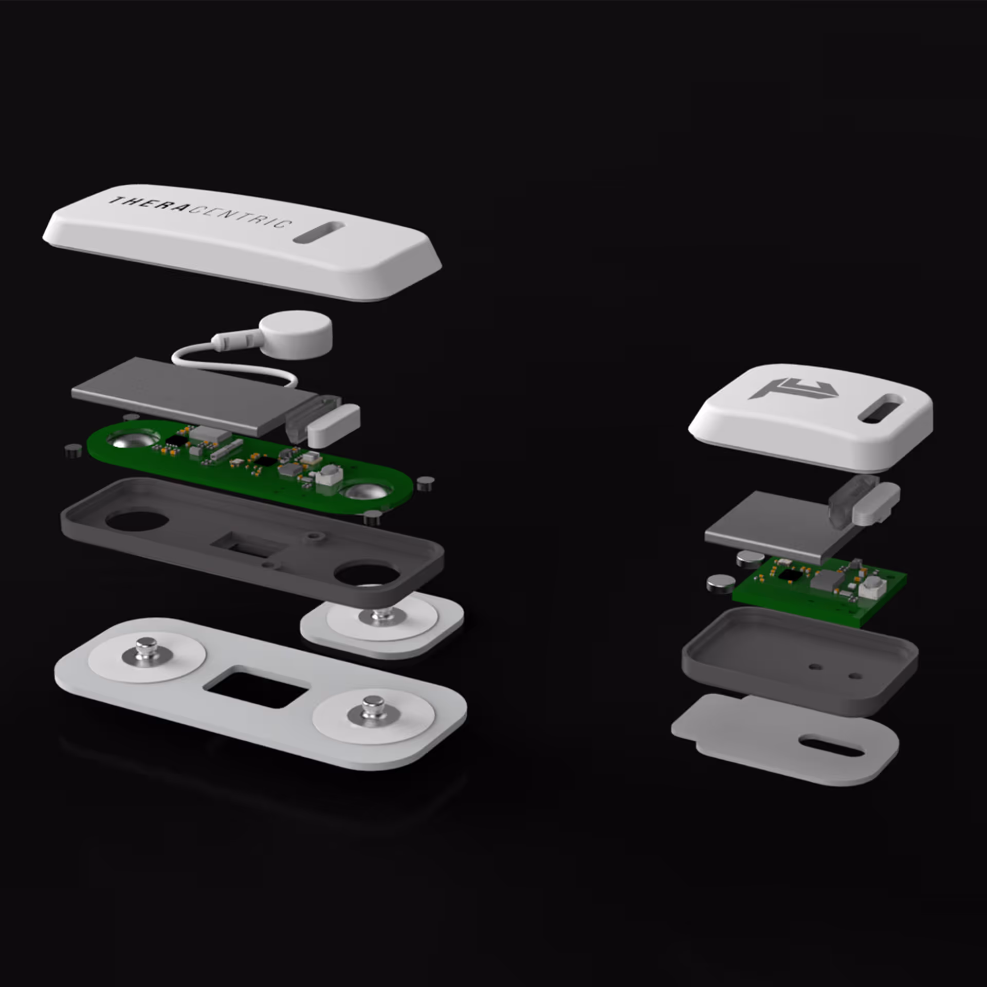 Exploded view of two Theracentric medical devices showing internal circuit boards and components.