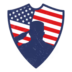 Soldier silhouette in center of shield with American flag background