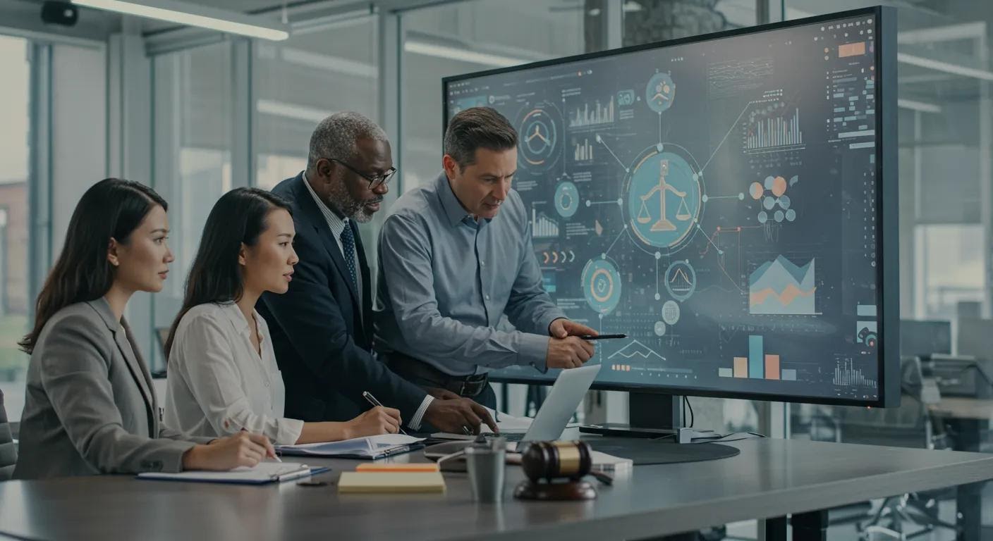 Diverse legal professionals collaborating on AI marketing strategies in a modern law office