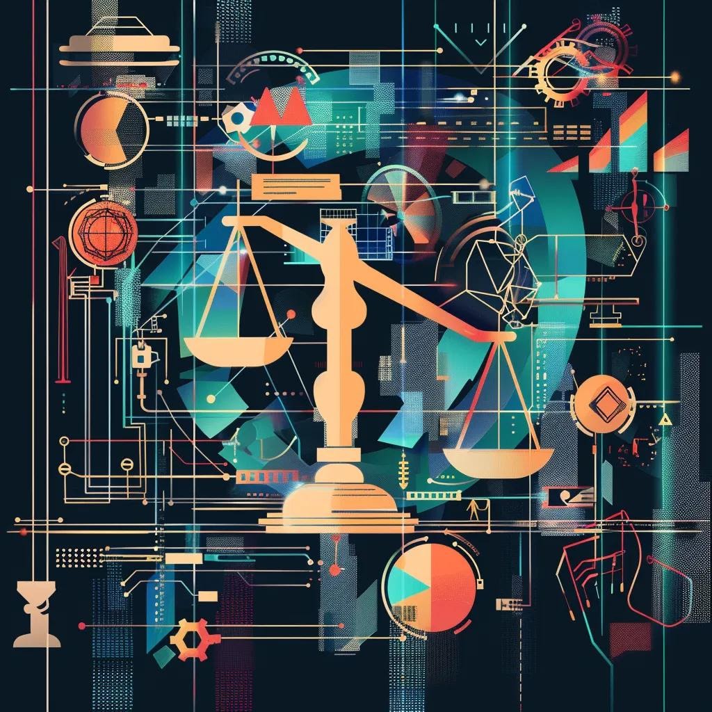 Abstract AI technology with legal symbols, illustrating the transformation of SEO in legal practices
