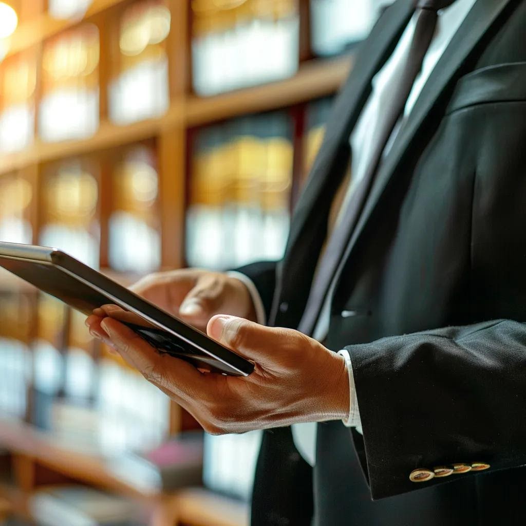 Law firm staff managing client reviews using a tablet in a busy office