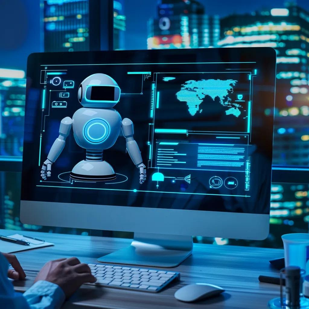 AI chatbot interface on a computer screen in a law office, illustrating client intake automation
