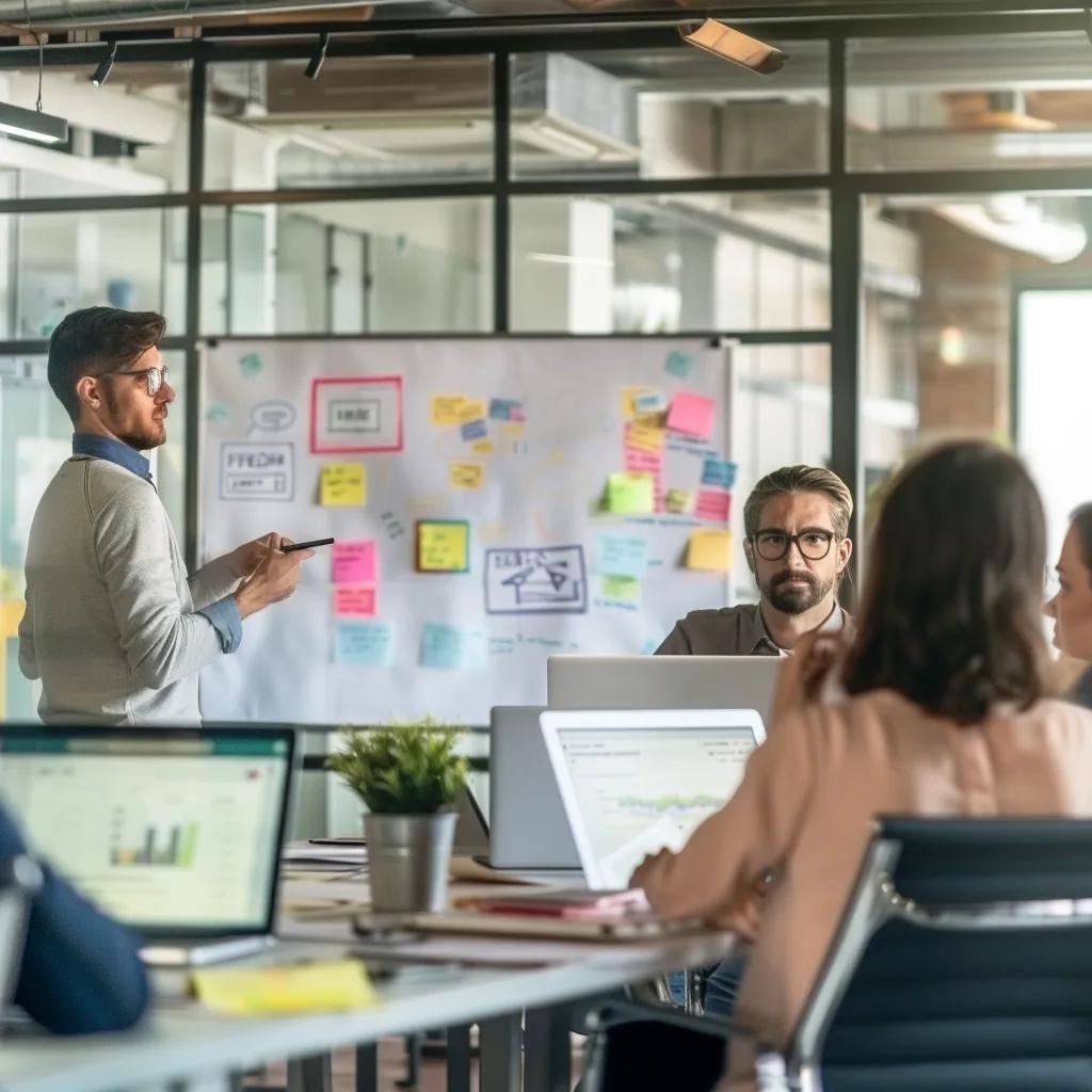 Law firm team discussing AI-driven marketing strategies in a collaborative setting