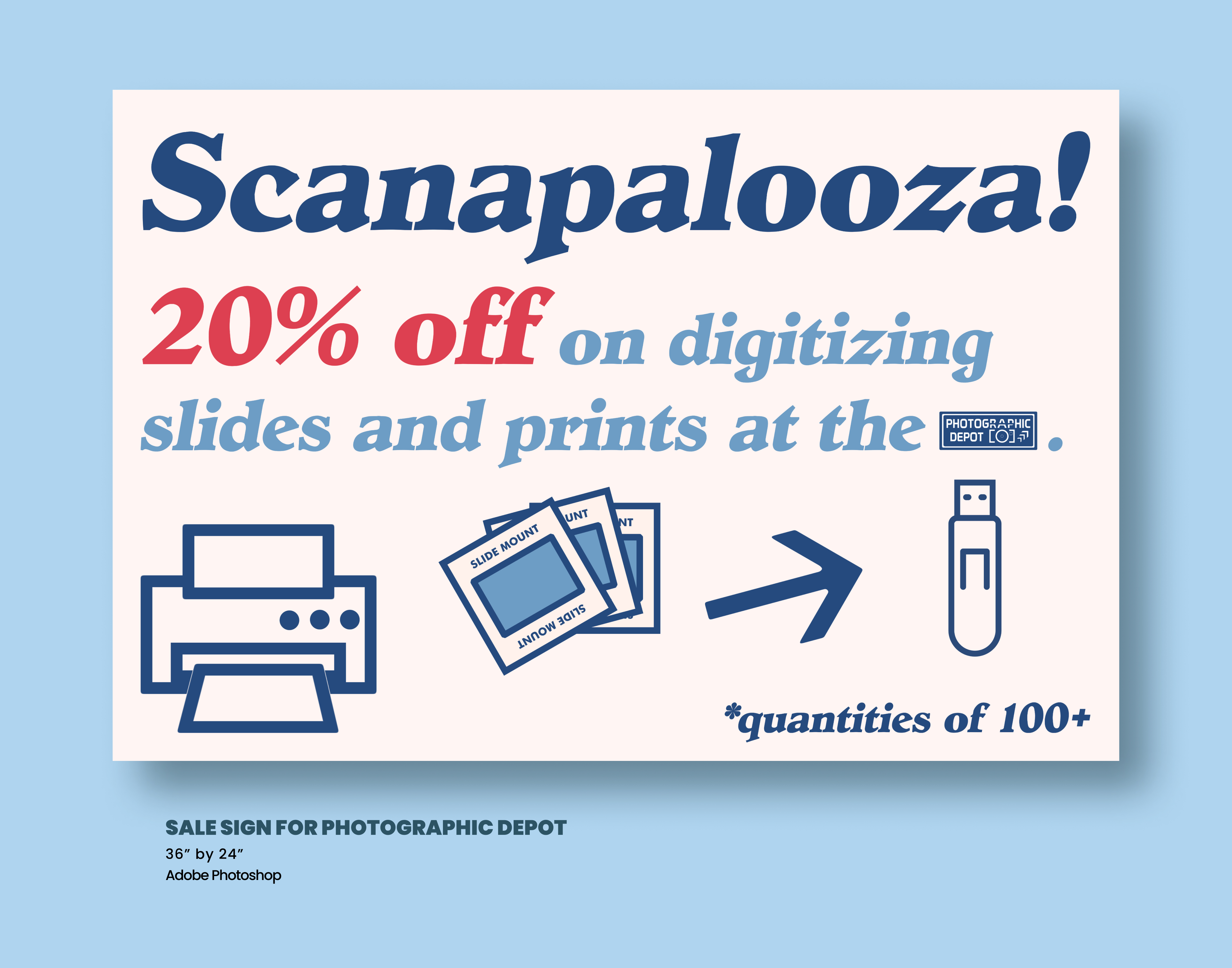 Mockup of a Sale Sign for Photographic Depot which advertises 20% off on digitizing large quantities of slides and prints