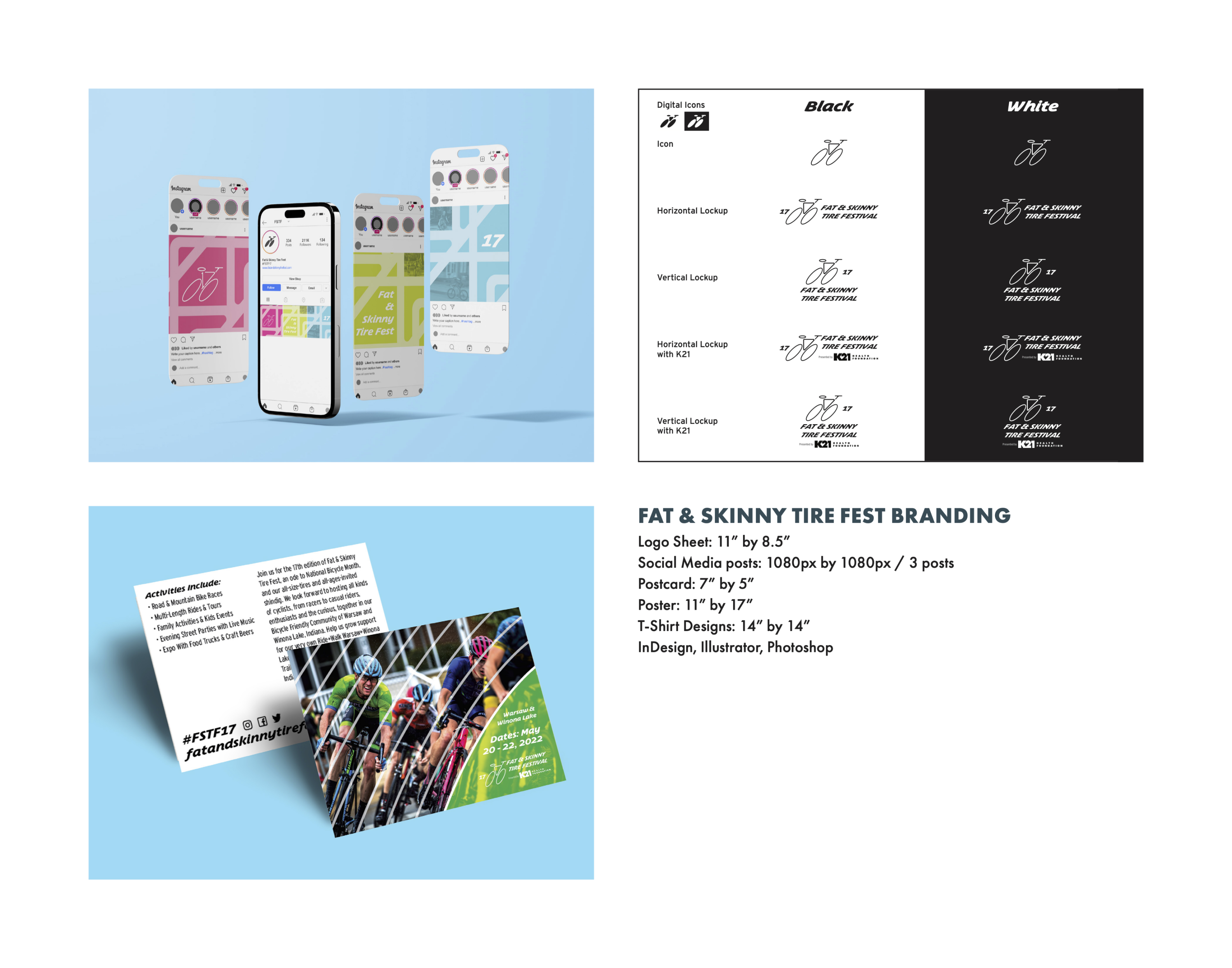 Social media, postcard designs, and Logo that show consistent branding for a cycling & mountain biking fest