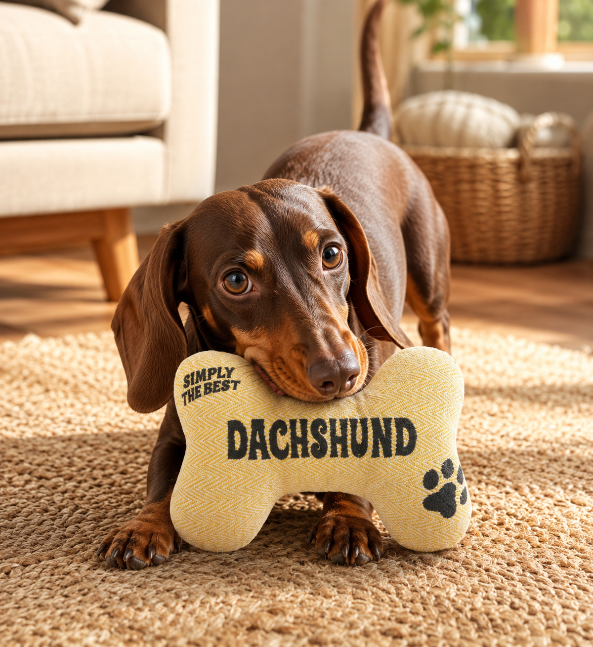 Dachshund with a personalized squeaky bone toy