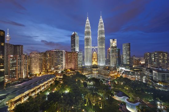 Mandarin Oriental in Kuala Lumpur:  Exterior view at dusk