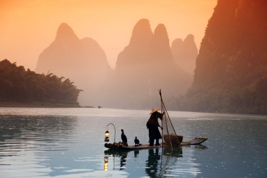 Rizières en terrasses & paysages montagneux de Guilin: Yangshuo: Chinese man fishing with cormorants birds