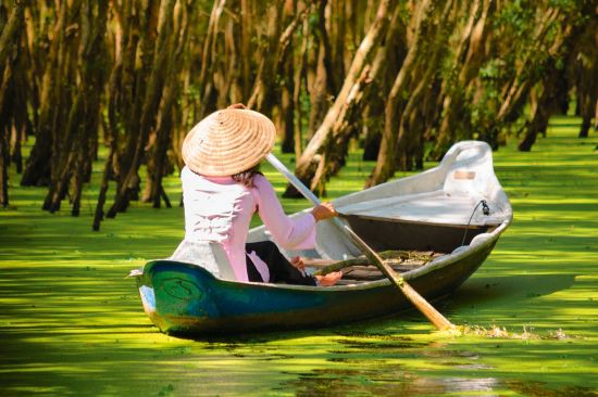 Faszinierendes Mekong Delta - ab Saigon bis Phnom Penh: Mekong Delta: Woman paddling in the Tra Su flooded forest 