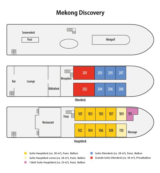 Mit der «Mekong Discovery» ins Mekong Delta ab Siem Reap: Deckplan Mekong Discovery