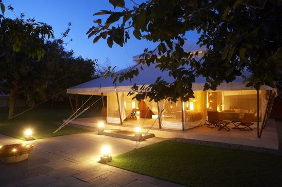 Aman-i-Khas in Ranthambore:  Lounge Tent Exterior night