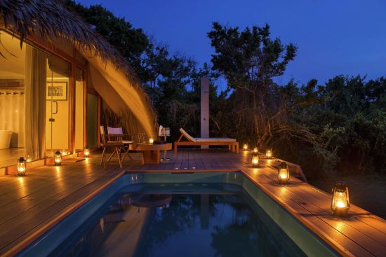 Uga Chena Huts in Yala National Park:  Cabin plunge pool at dusk