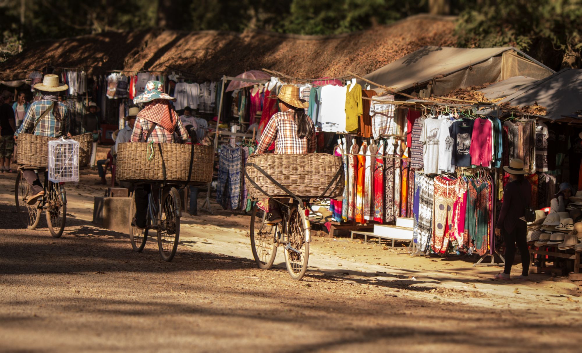 Überland von Phnom Penh nach Angkor: Three ladies riding bicycle