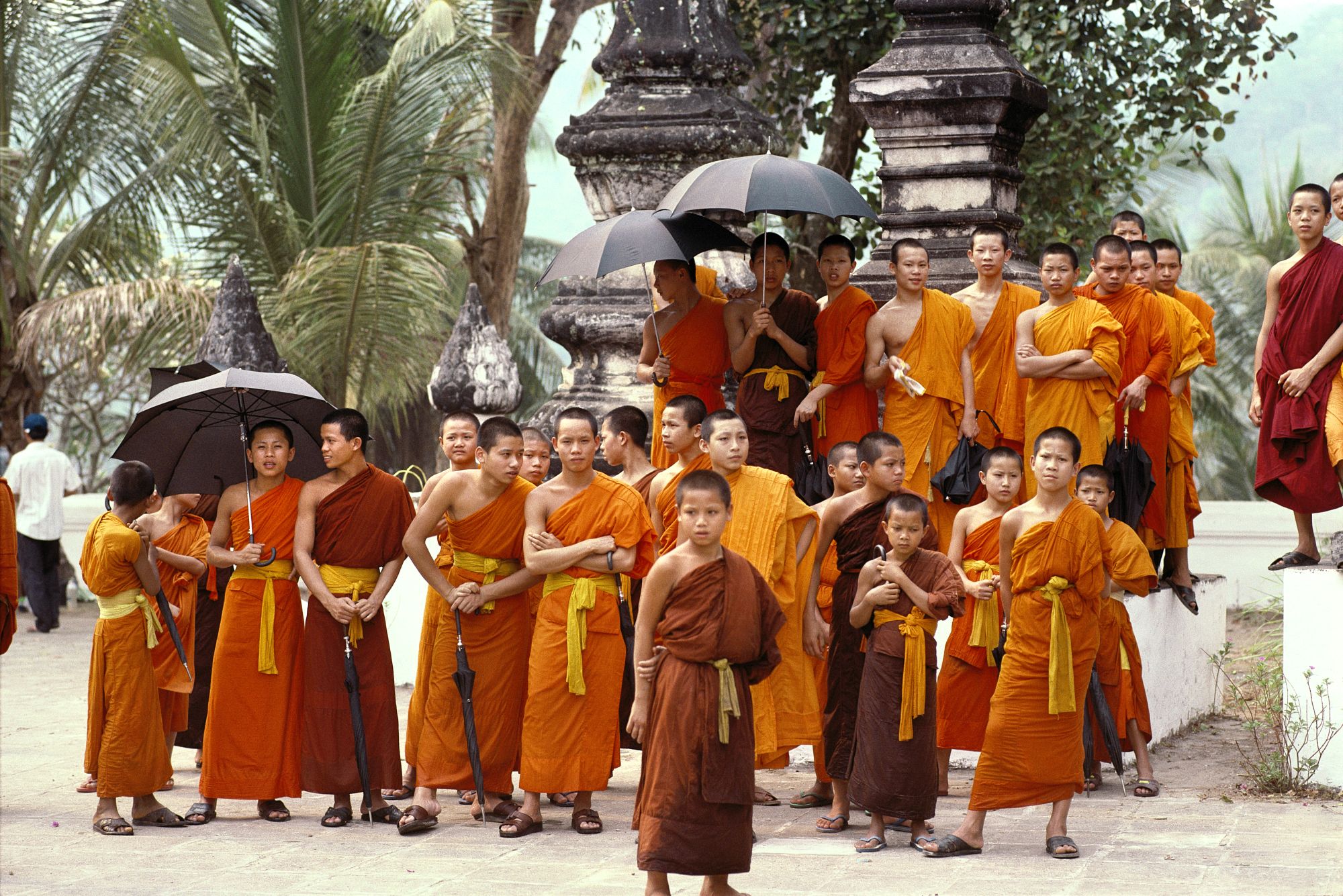 Le sud ravissant du Laos de Pakse: Champasak: young monks waiting for the bus in Pakse