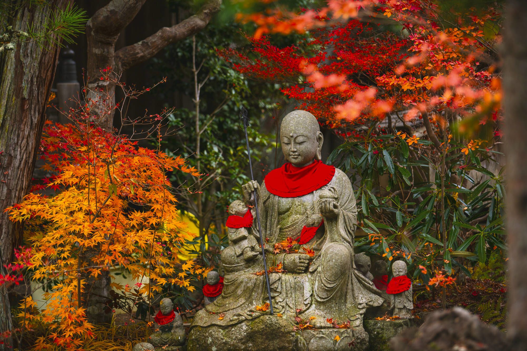 Weltkulturerbe Koyasan ab Kyoto: Jizo statue in autumn garden of Sanboin Temple