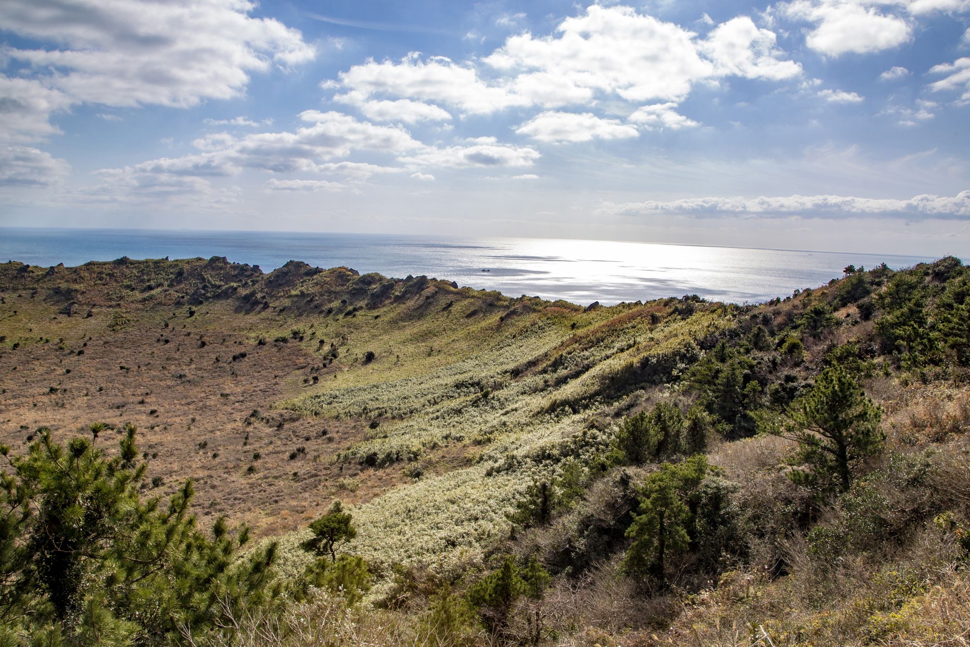 Mietwagen Rundreise «Jeju Island»: View from crater of Seongsan Ilchulbong Tuff Cone against sea