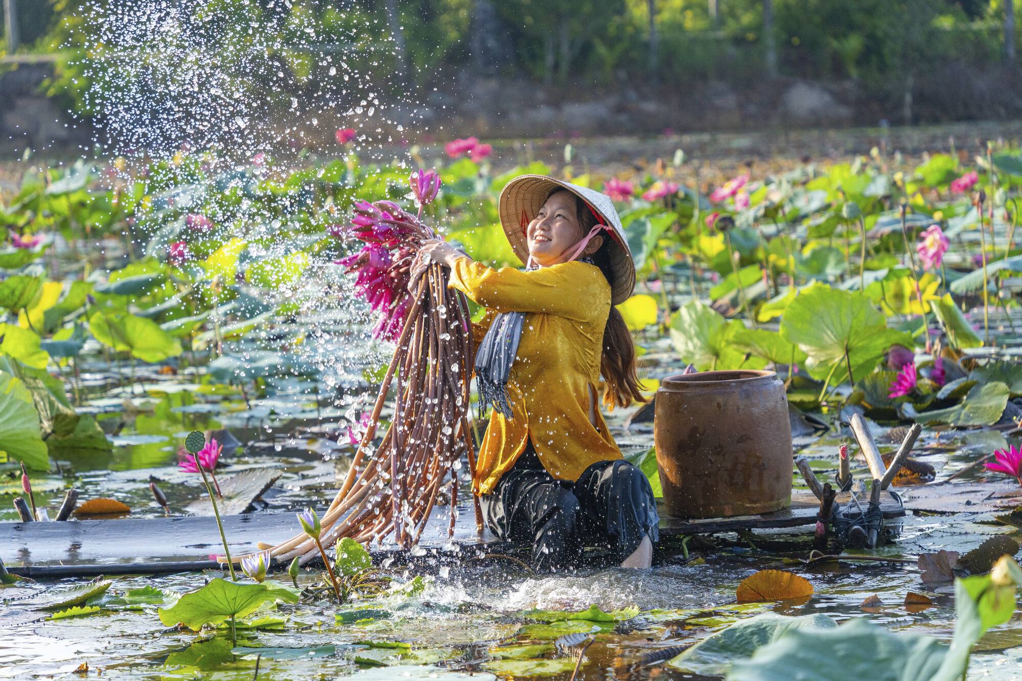 Le fascinant delta du Mékong - de/à Saigon: Vietnamese girl harvesting water lilies