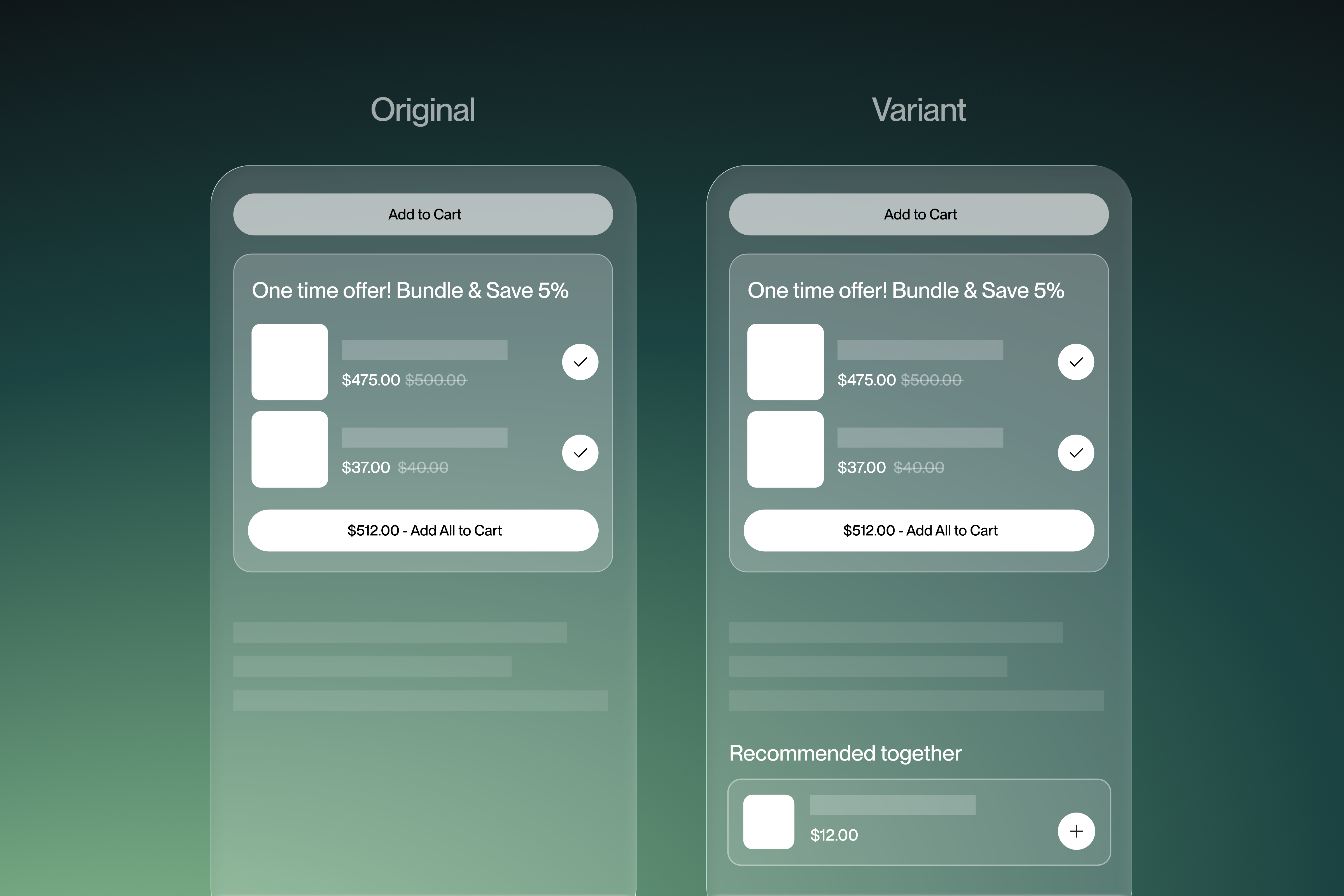 Original versus variant product page test showing bundles only compared with bundles and cross-sells
