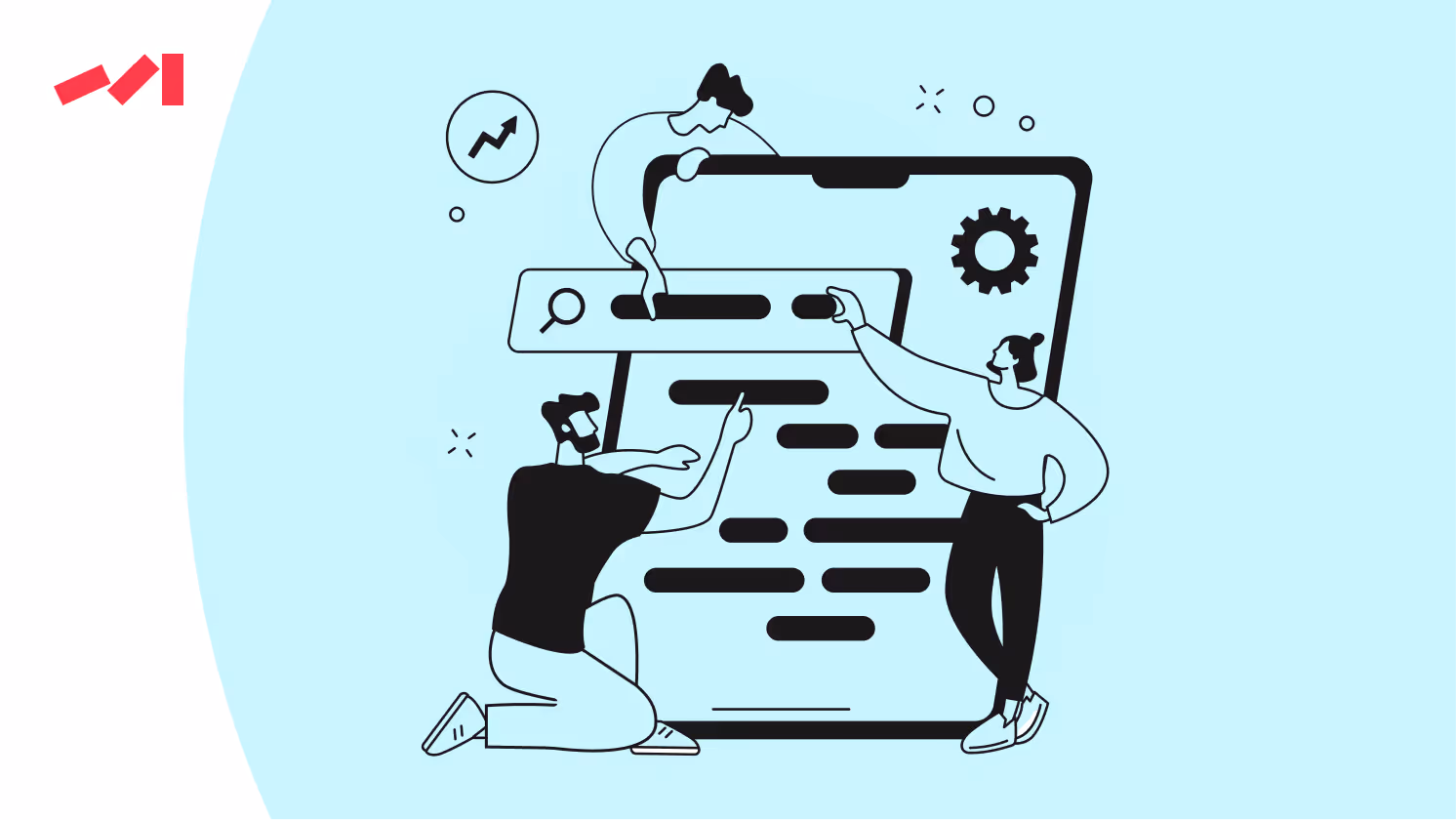 A man and woman are pointing at a screen, likely discussing the content displayed.