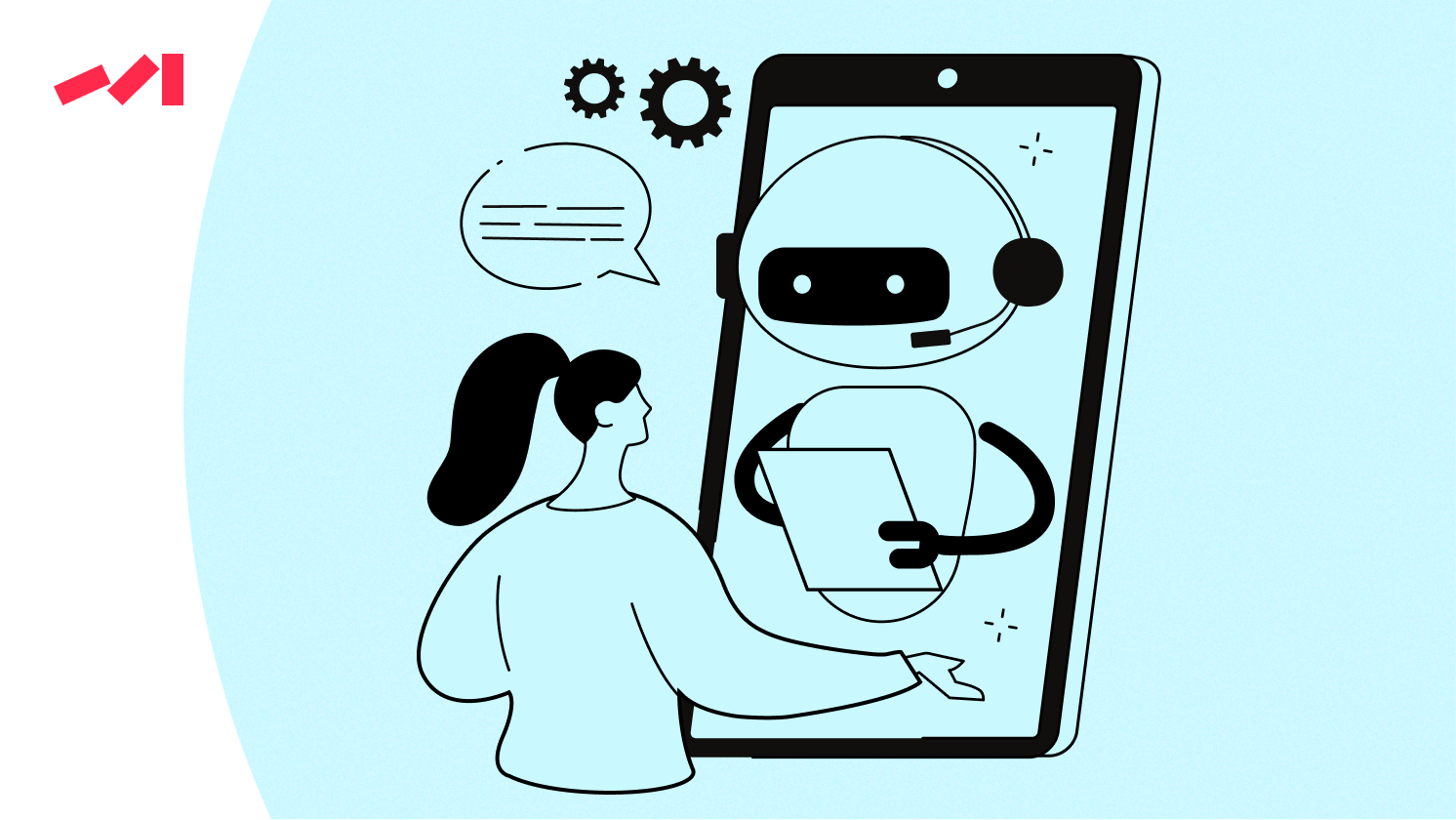 A woman interacts with a chatbot displayed on a smartphone, featuring speech bubbles and gears in the background