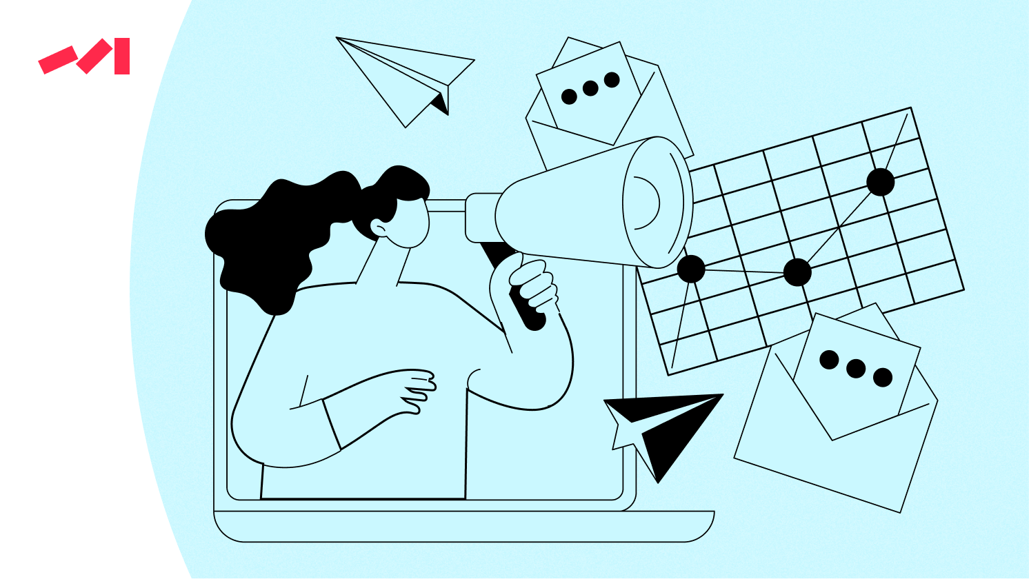 A person holding a megaphone while sitting at a laptop, surrounded by paper airplanes and message icons on a calendar.