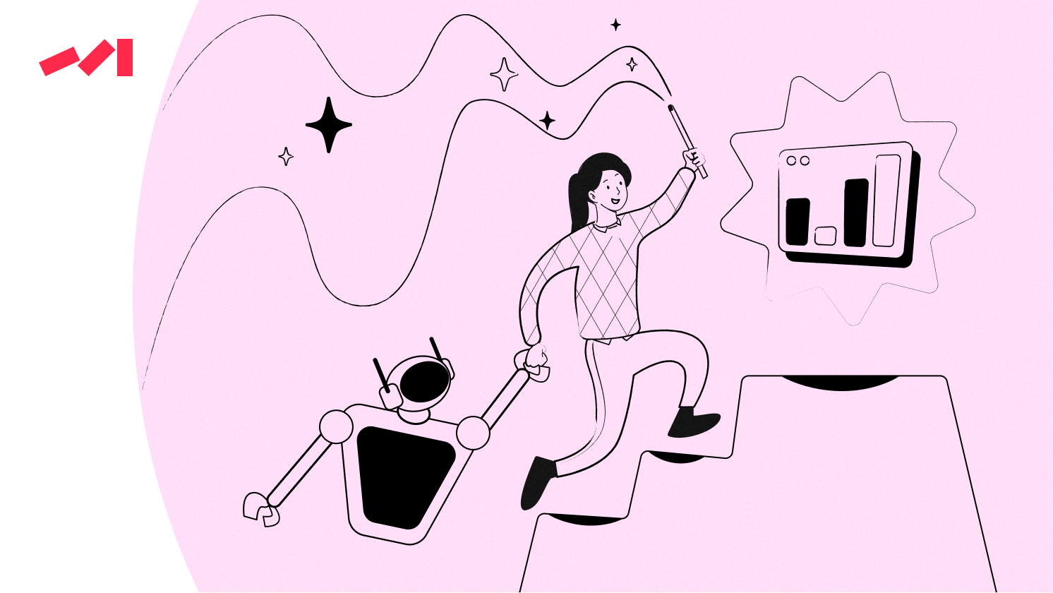 A person holding hands with a robot, both climbing a hill toward a graphical display, in a stylized illustration.