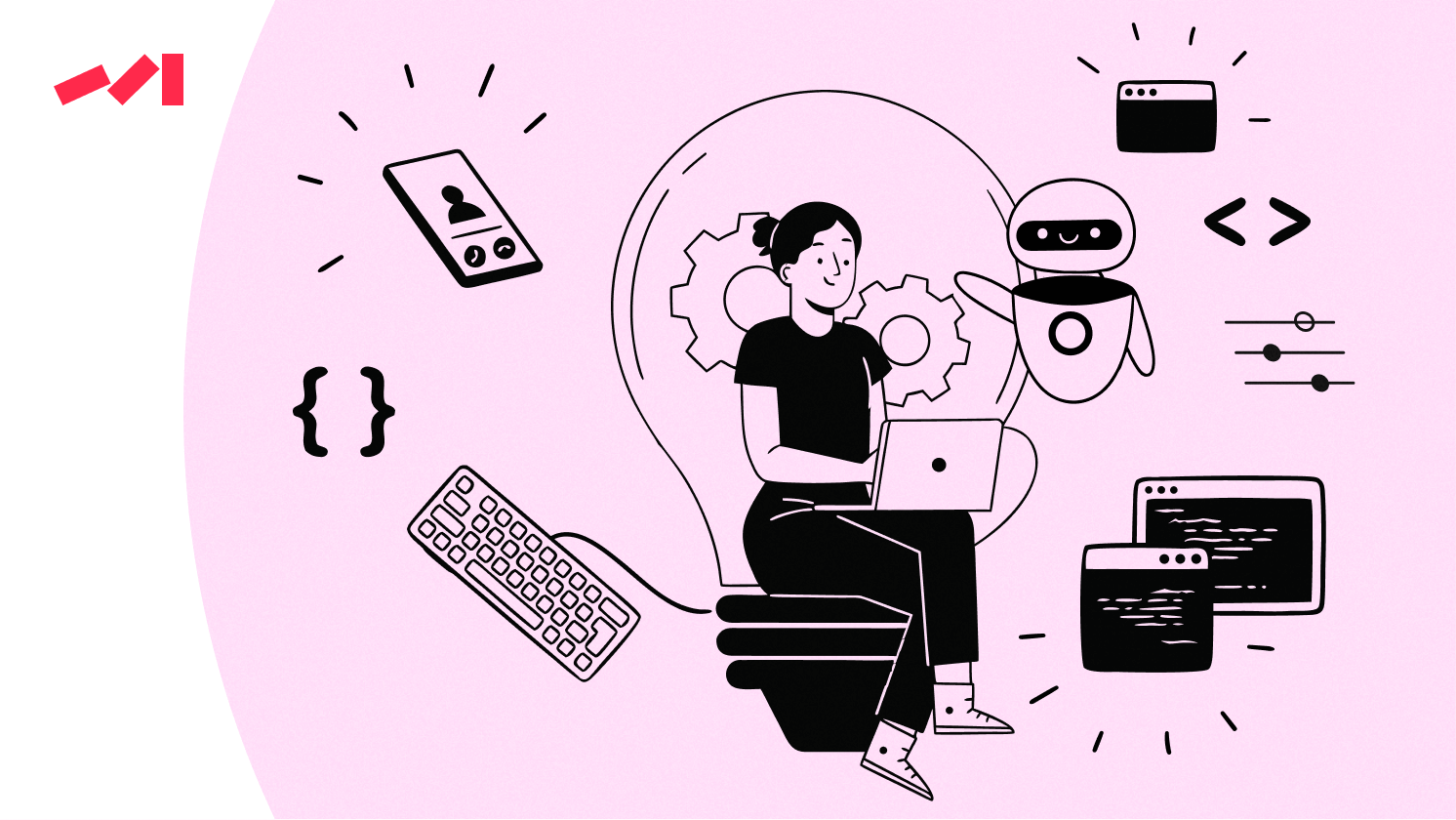 A person sitting on a chair working on a laptop, surrounded by various technology-related icons like gears, code brackets, and robotic elements, set against a pink background.