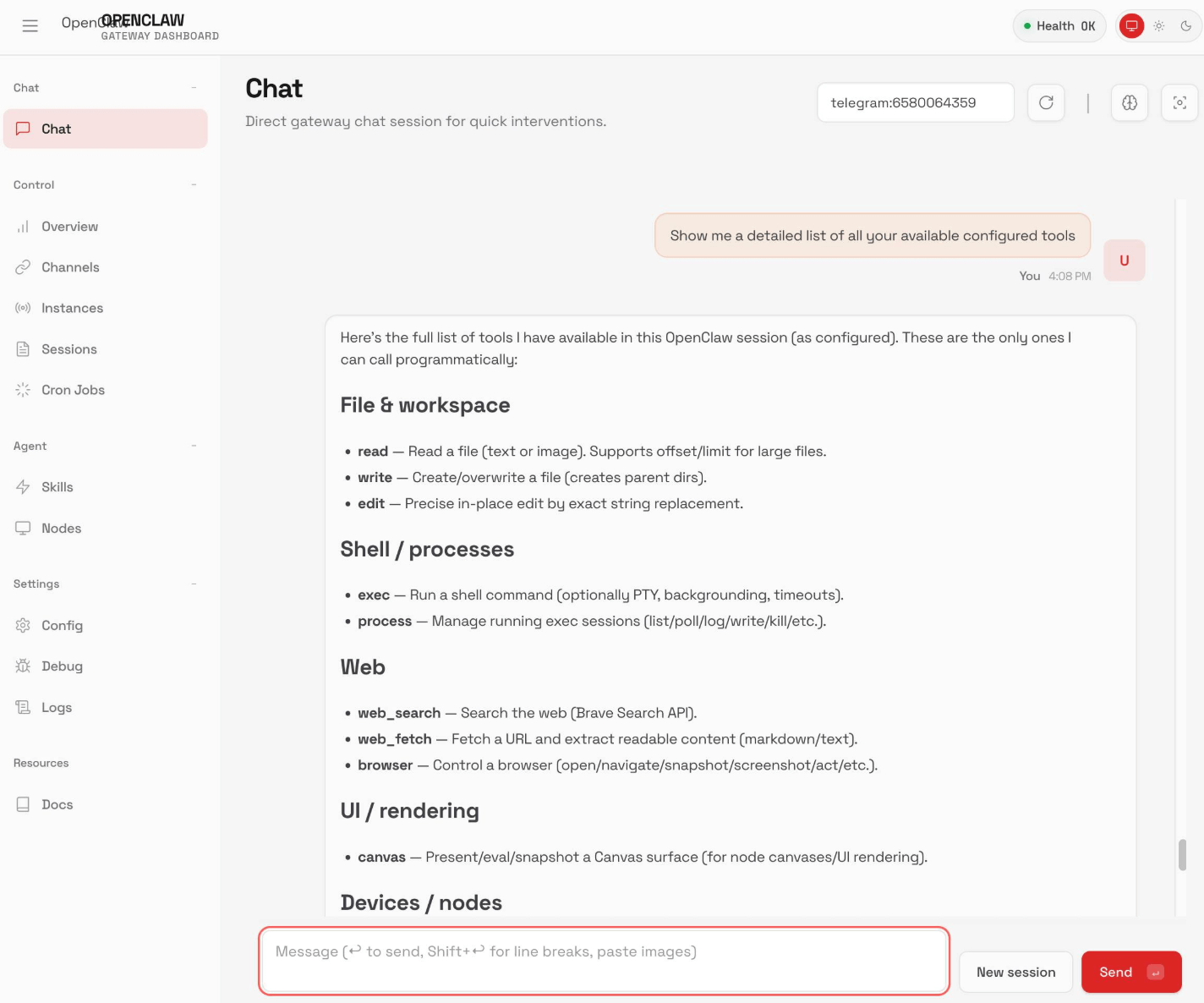 Screenshot of an application interface showing a chat feature with tools listed in categories like File & workspace, Shell / processes, Web, and UI / rendering.