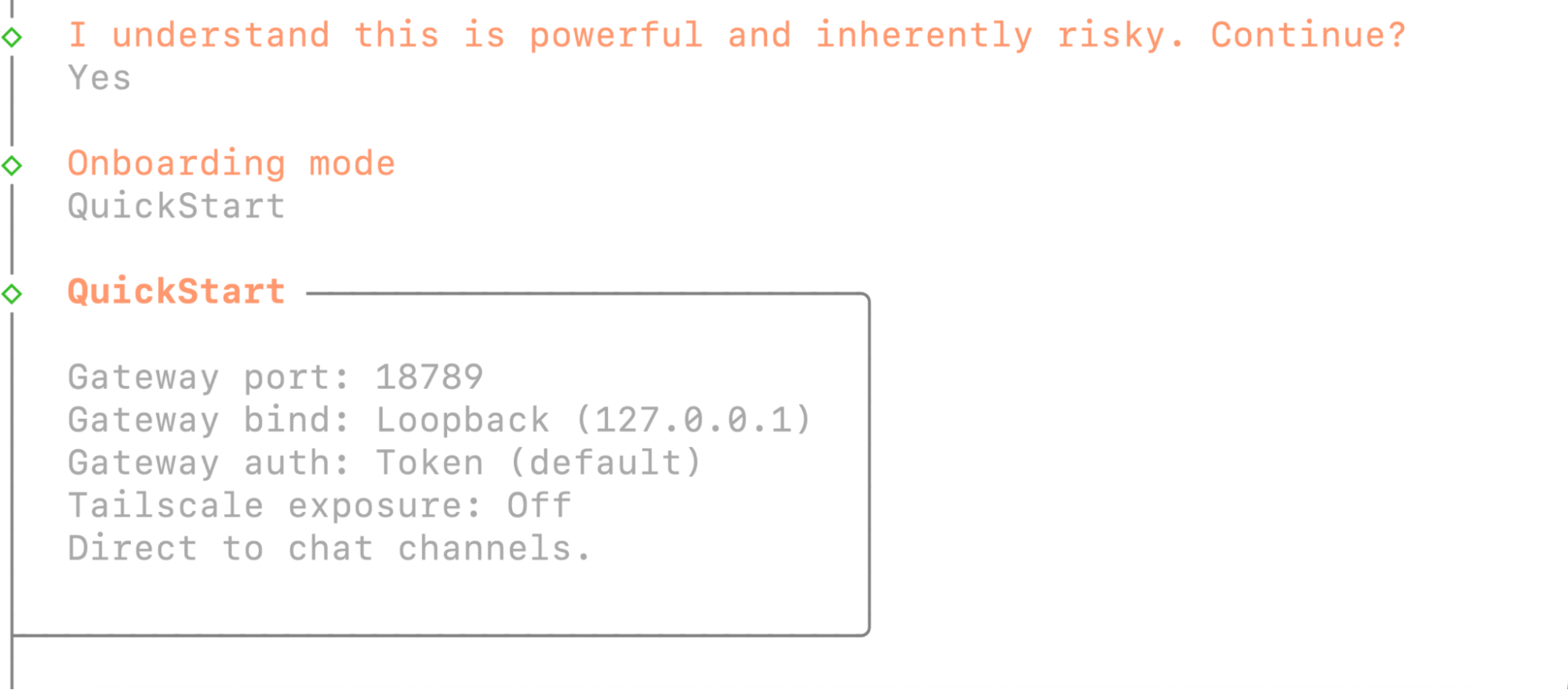 Text-based interface showing a prompt about onboarding mode with options and configurations related to QuickStart.
