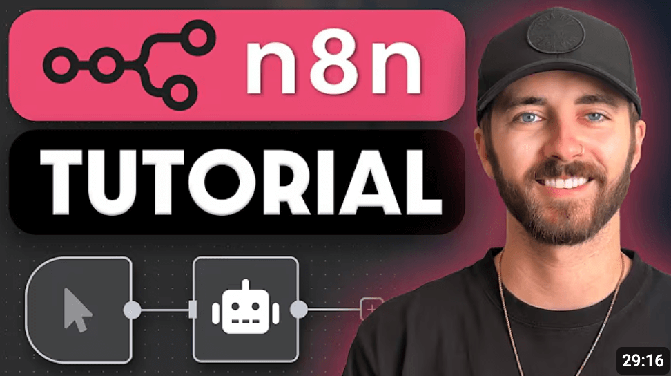 A man with a beard wearing a hat smiling in front of text that says "n8n TUTORIAL" with graphic elements.